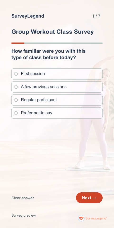 Group Workout Class Survey: first question and response field, mobile preview