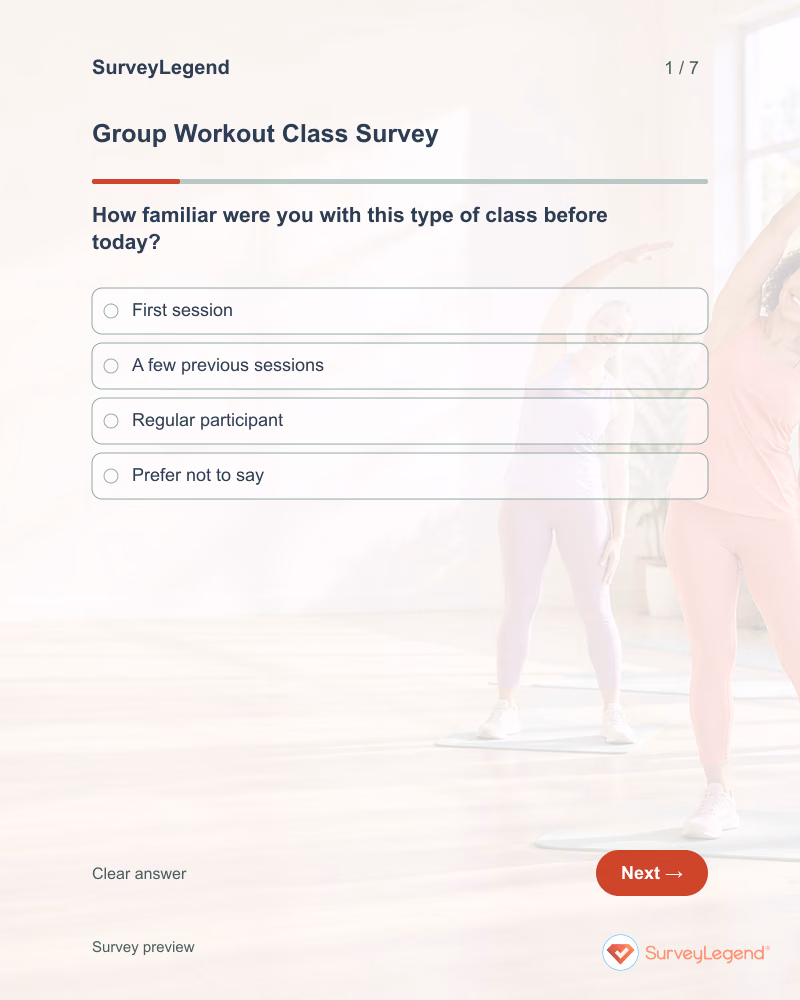 Group Workout Class Survey: first question and response field, tablet preview