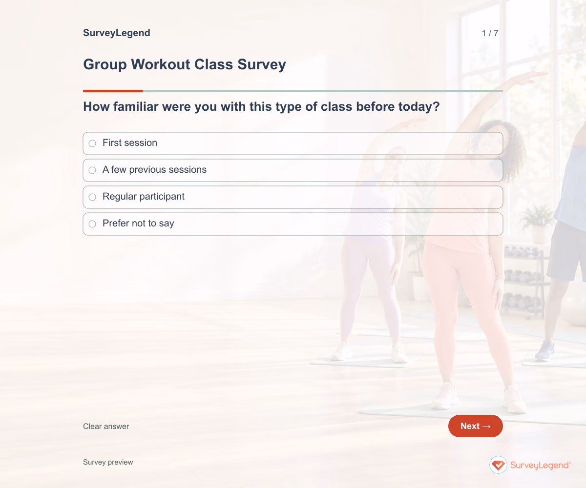 Preview of the Group Workout Class Survey demo showing its first question and answer choices