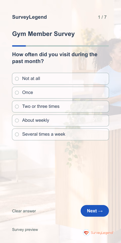Gym Member Survey: first question and response field, mobile preview