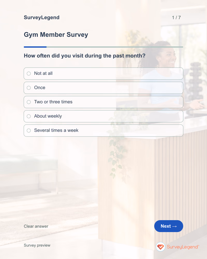Gym Member Survey: first question and response field, tablet preview