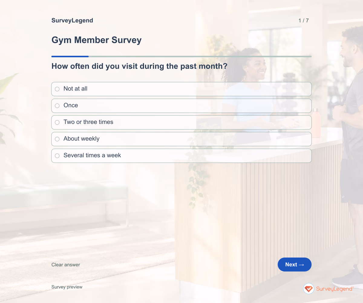 Preview of the Gym Member Survey demo showing its first question and answer choices