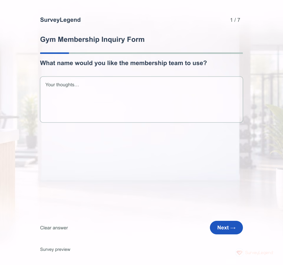 Preview of the Gym Membership Inquiry Form Template showing its first question and answer choices