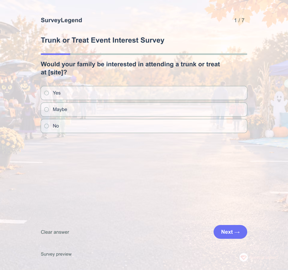 Preview of the Trunk or Treat Event Interest Survey Template showing its first question and answer choices