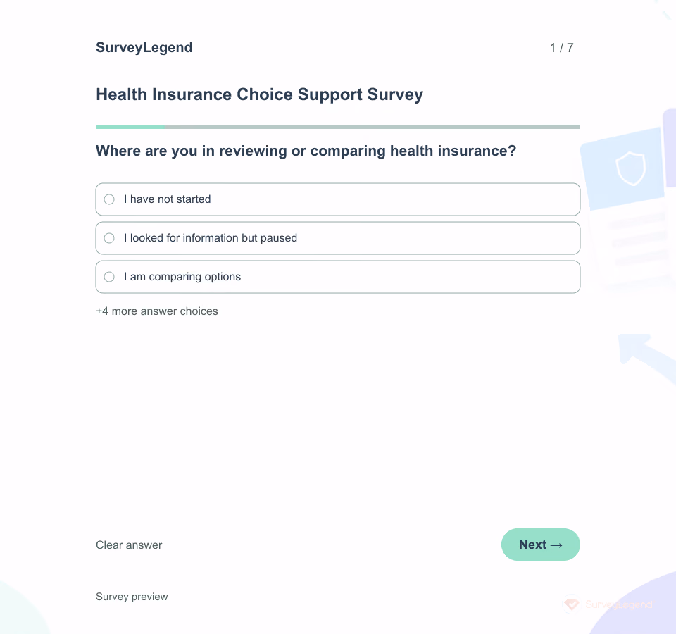 Preview of the Health Insurance Choice Support Survey Template showing its first question and answer choices