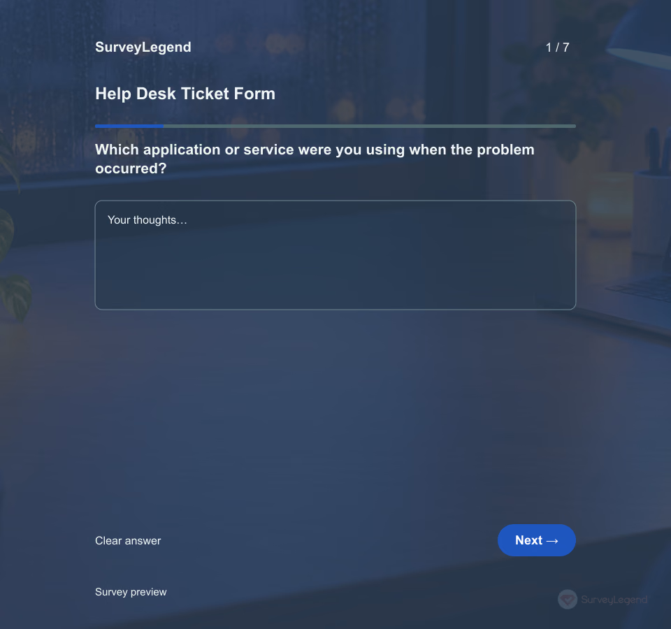 Preview of the Help Desk Ticket Form Template showing its first question and answer choices