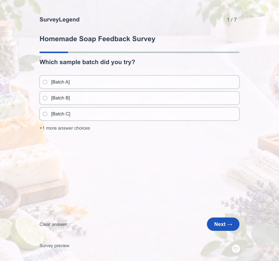 Preview of the Homemade Soap Feedback Survey Template showing its first question and answer choices