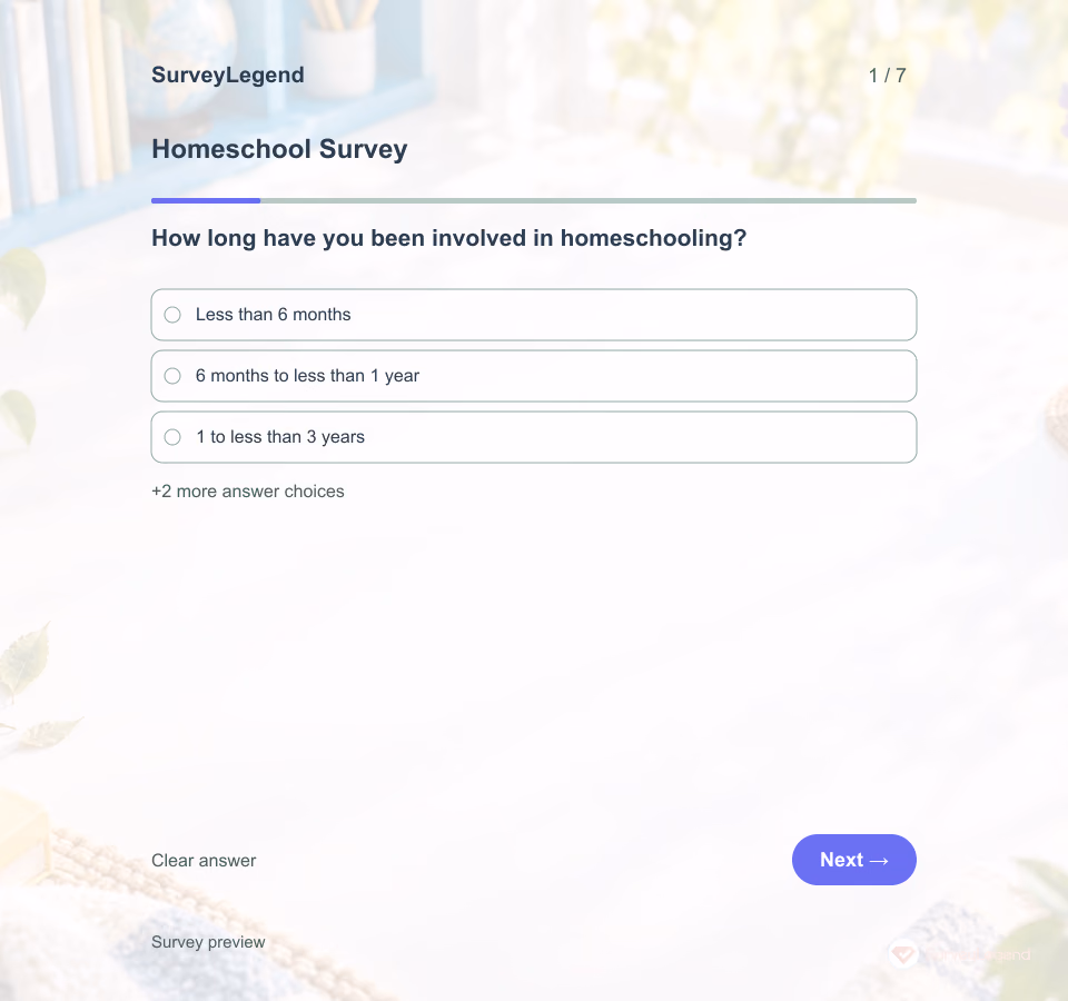 Preview of the Homeschool Survey Template showing its first question and answer choices