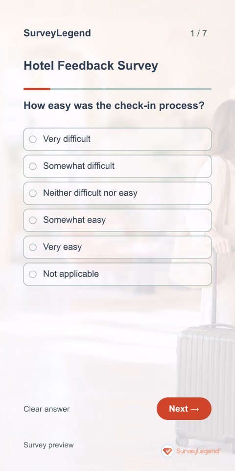 Hotel Feedback Survey: first question and response field, mobile preview