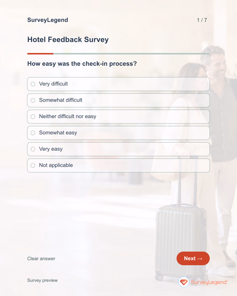 Hotel Feedback Survey: first question and response field, tablet preview