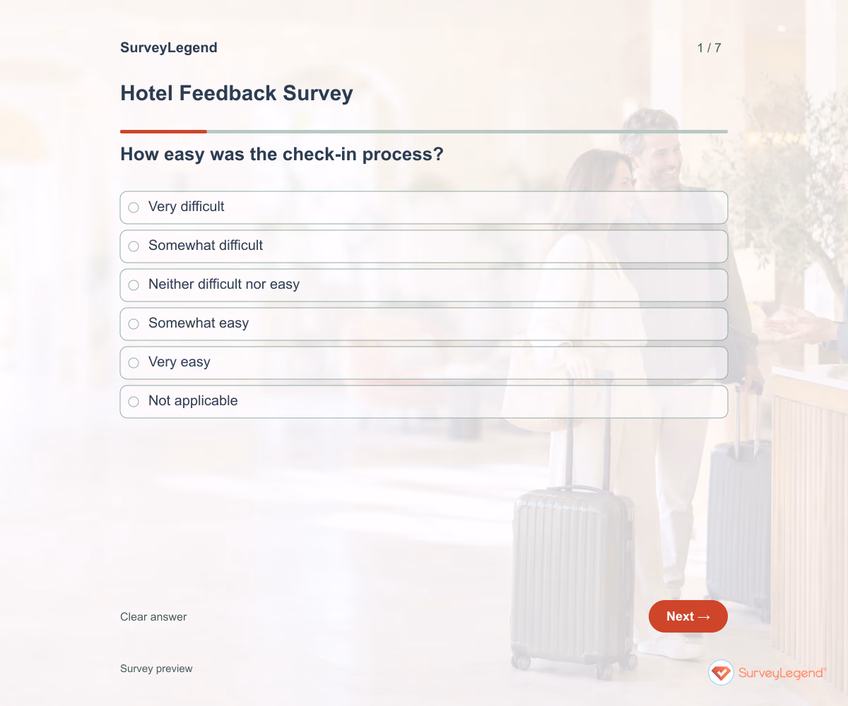 Preview of the Hotel Feedback Survey demo showing its first question and answer choices