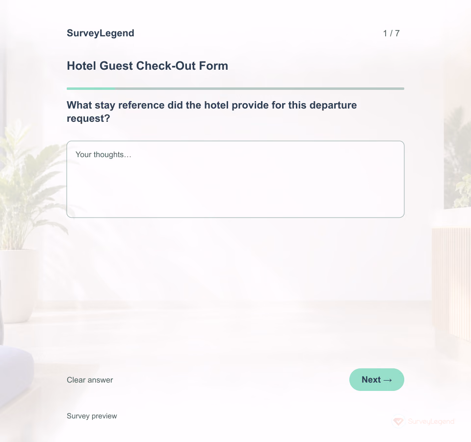 Preview of the Hotel Guest Check-Out Form Template showing its first question and answer choices