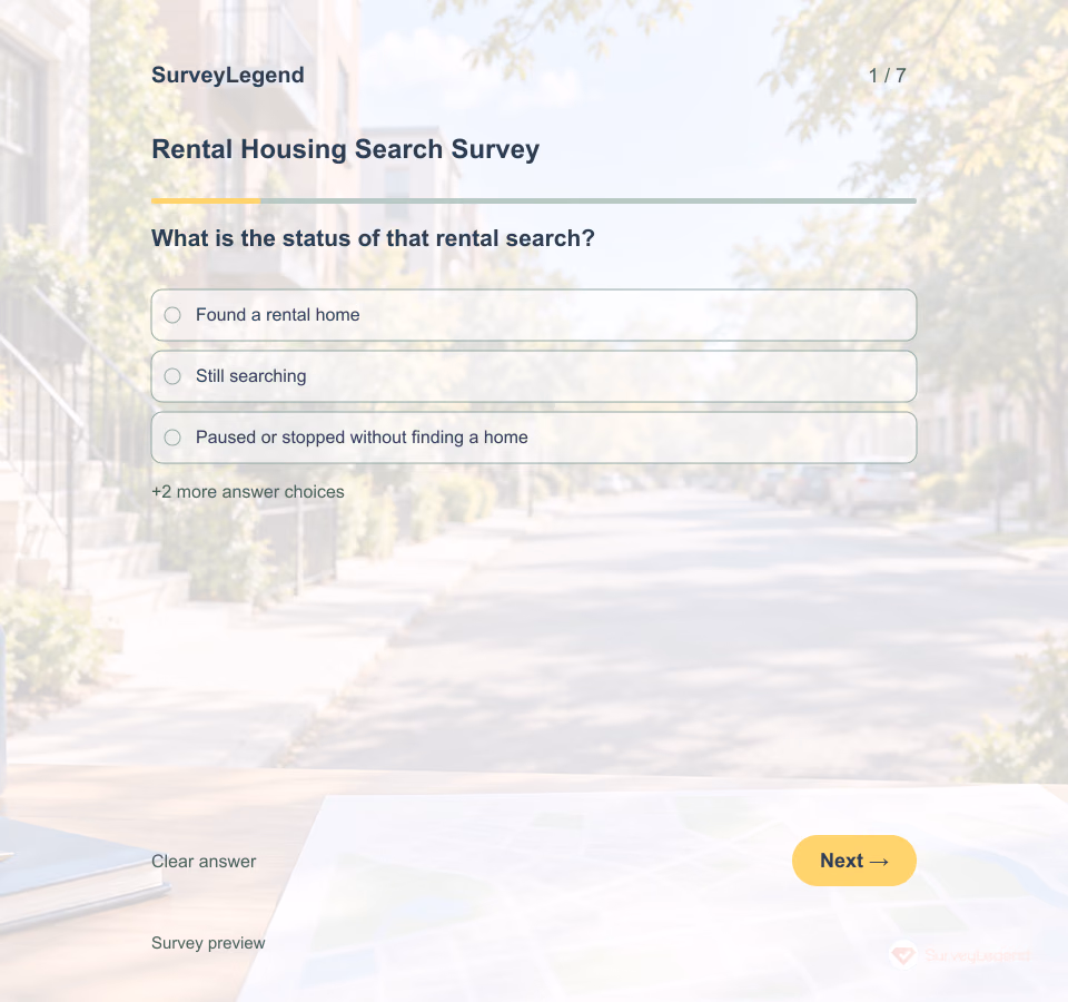 Preview of the Rental Housing Search Survey Template showing its first question and answer choices