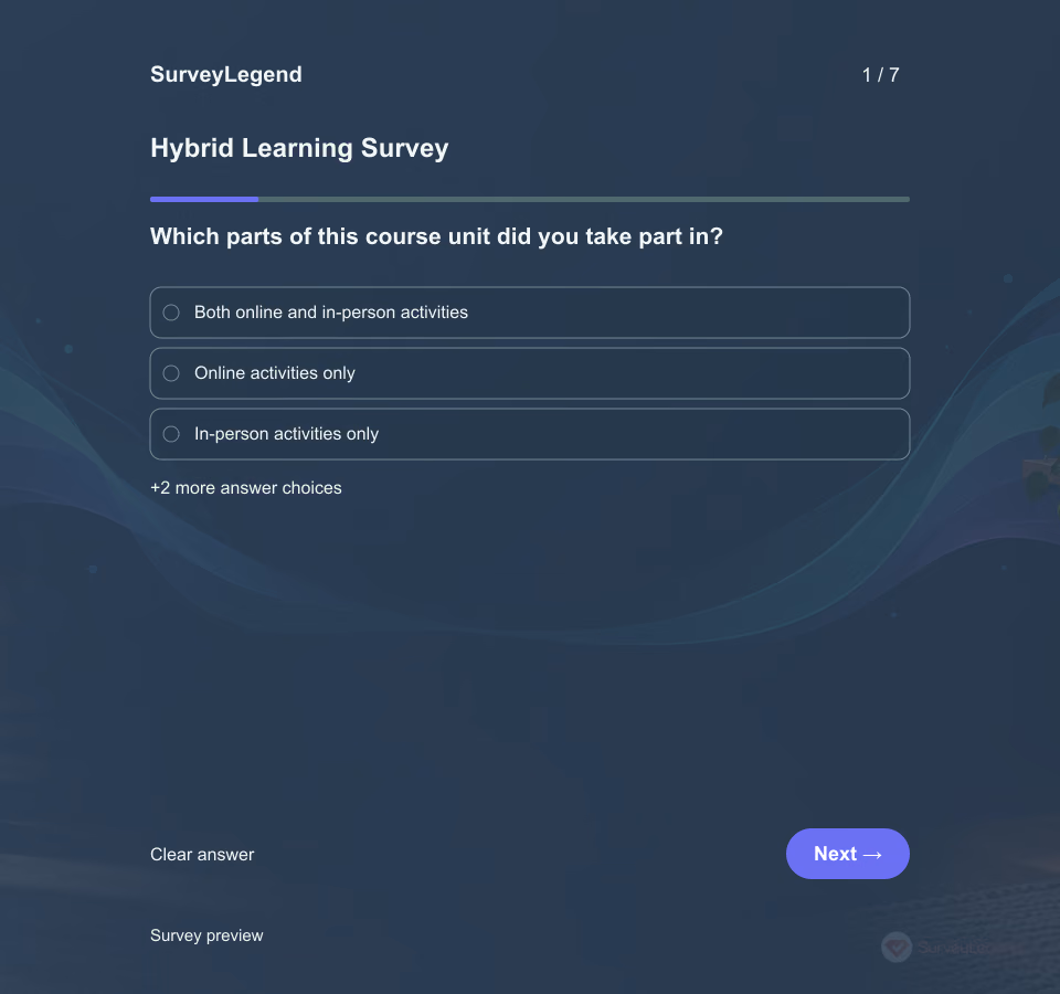 Preview of the Hybrid Learning Survey Template showing its first question and answer choices
