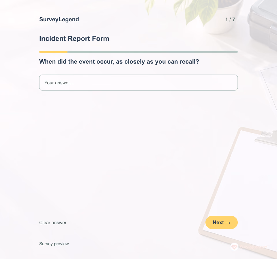 Preview of the Incident Report Form Template showing its first question and answer choices