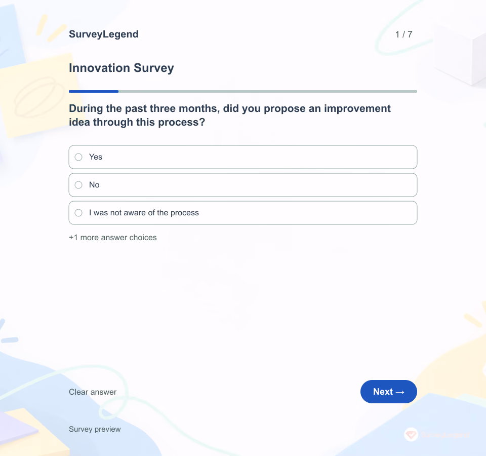 Preview of the Innovation Survey Template showing its first question and answer choices