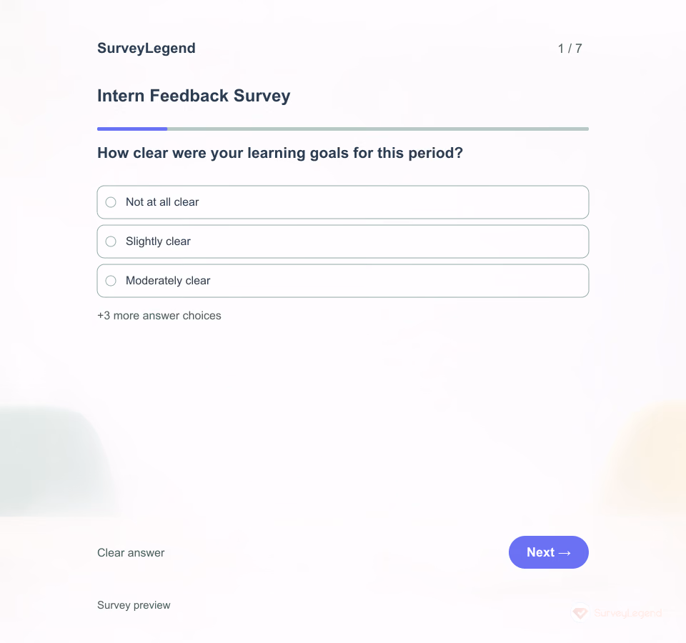 Preview of the Intern Feedback Survey Template showing its first question and answer choices
