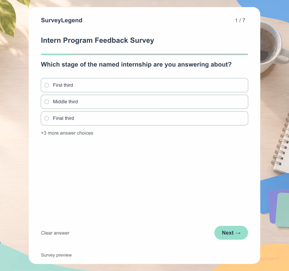 Preview of the Intern Program Feedback Survey Template showing its first question and answer choices