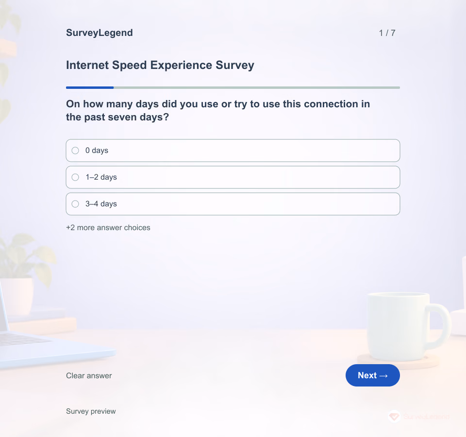 Preview of the Internet Speed Experience Survey Template showing its first question and answer choices