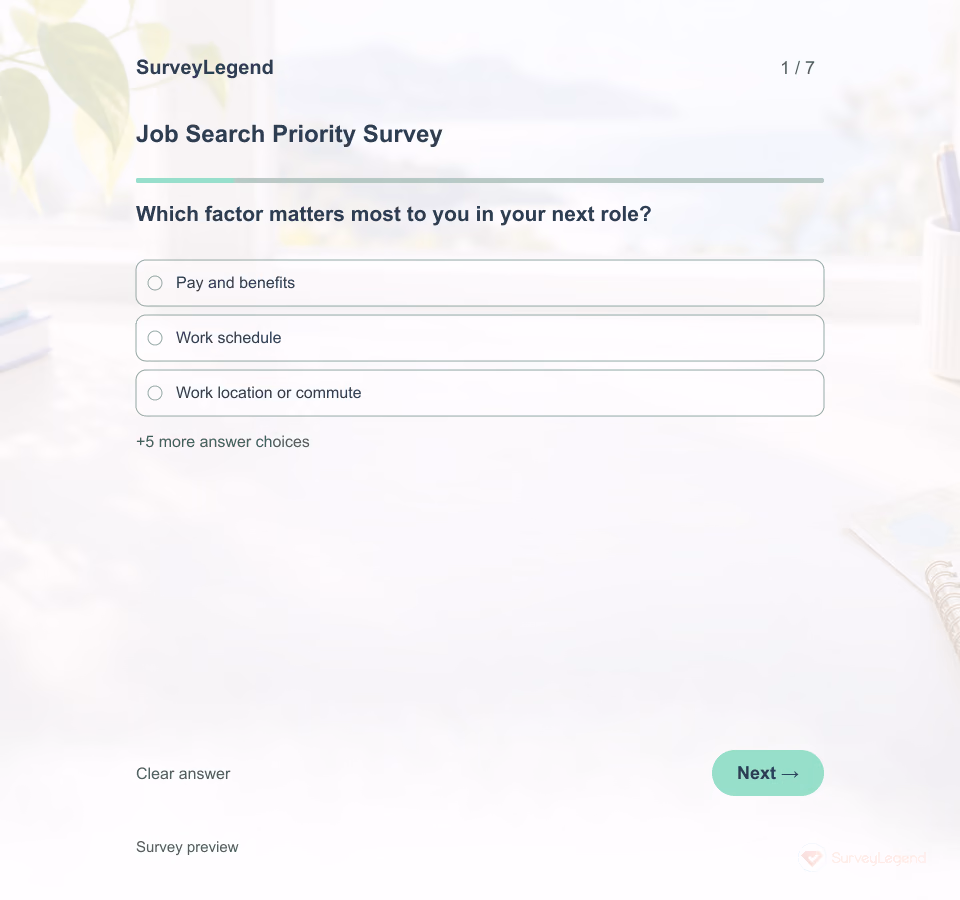 Preview of the Job Search Priority Survey Template showing its first question and answer choices
