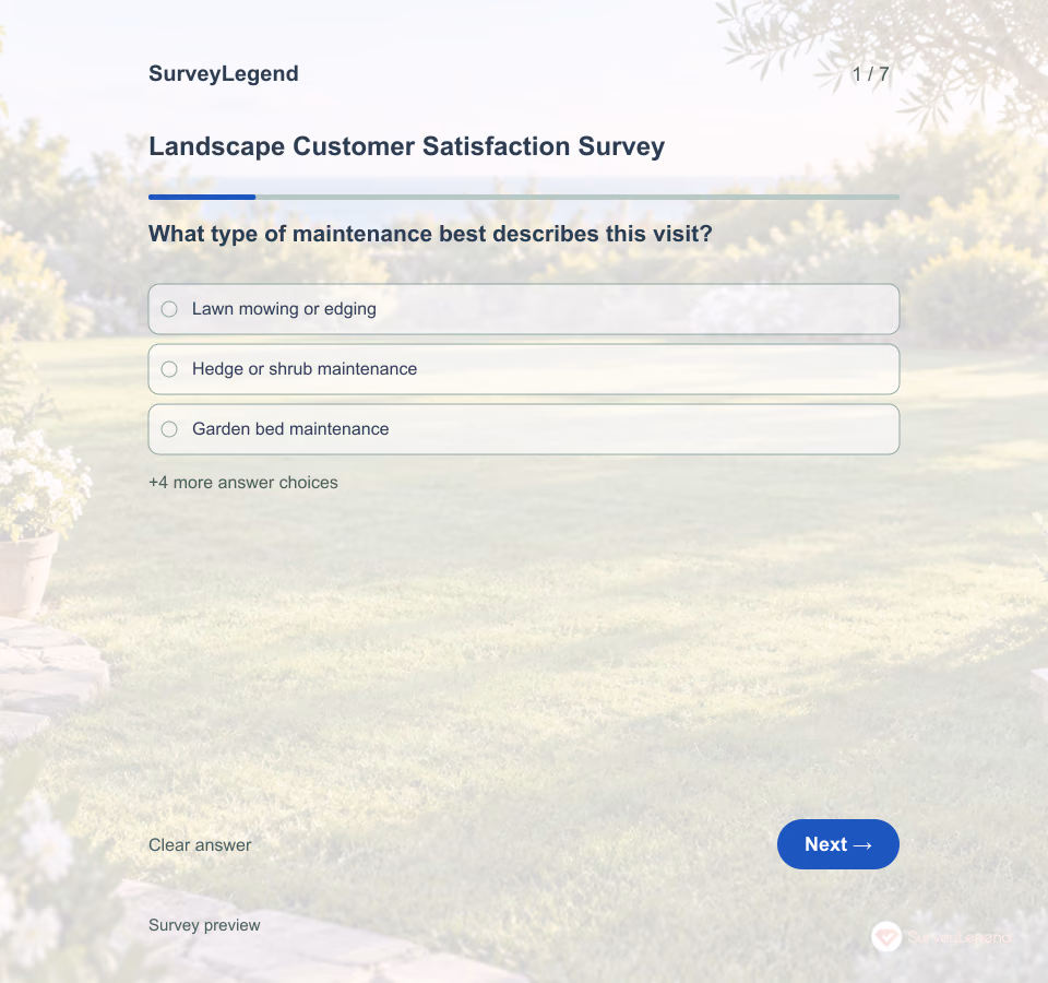 Preview of the Landscape Customer Satisfaction Survey Template showing its first question and answer choices