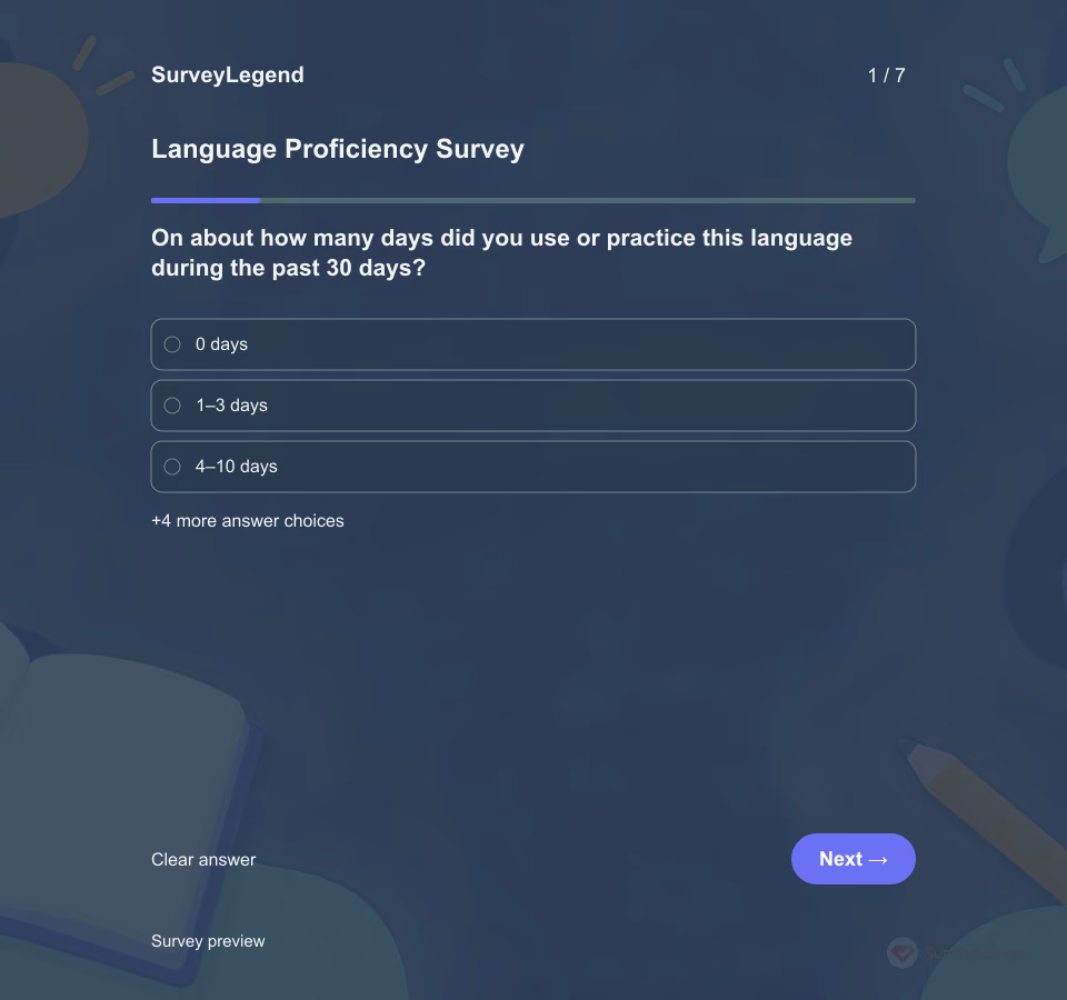 Preview of the Language Proficiency Survey Template showing its first question and answer choices