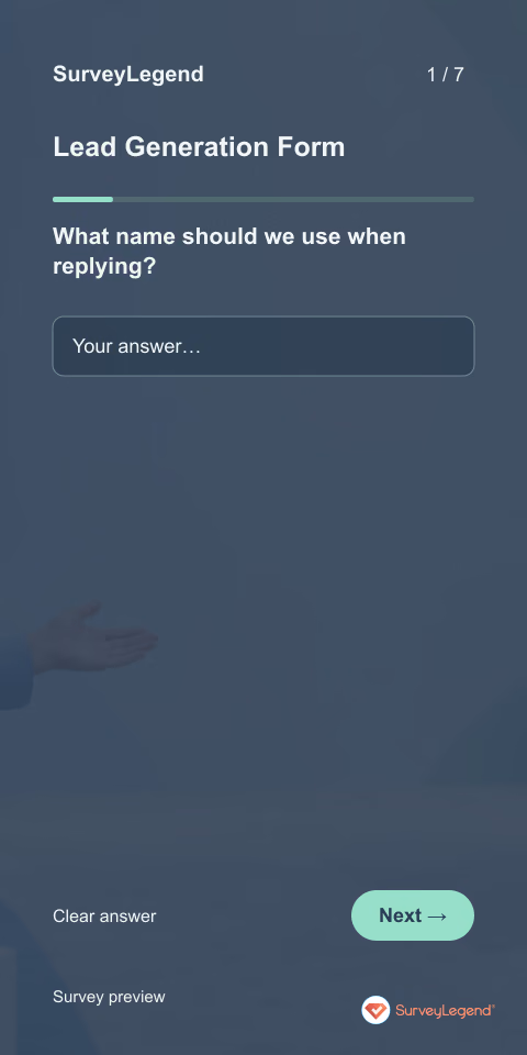Lead Generation Form: first question and response field, mobile preview