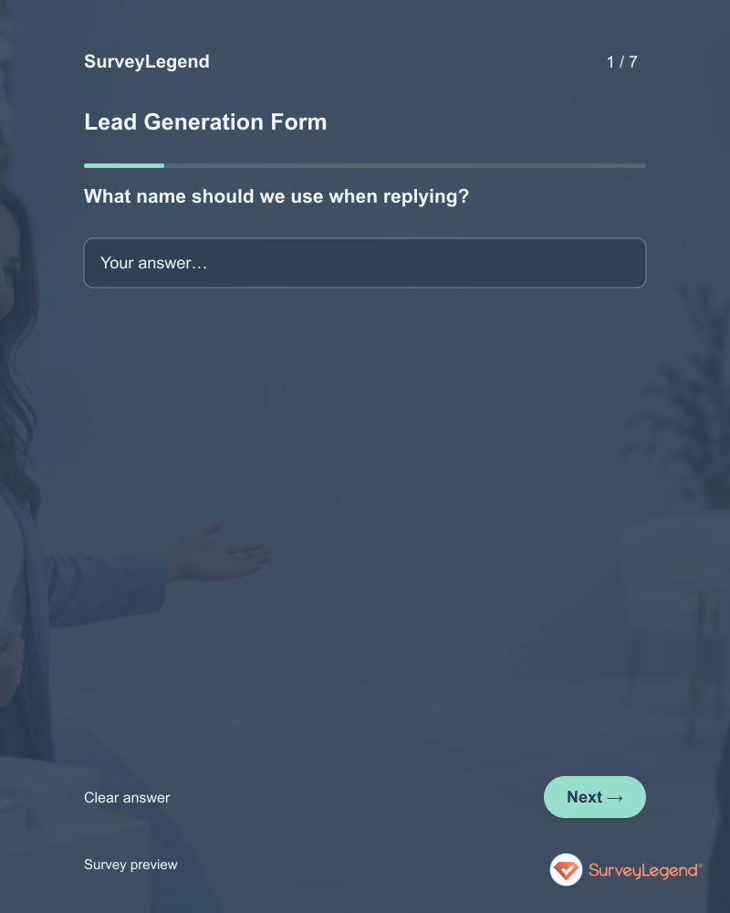 Lead Generation Form: first question and response field, tablet preview
