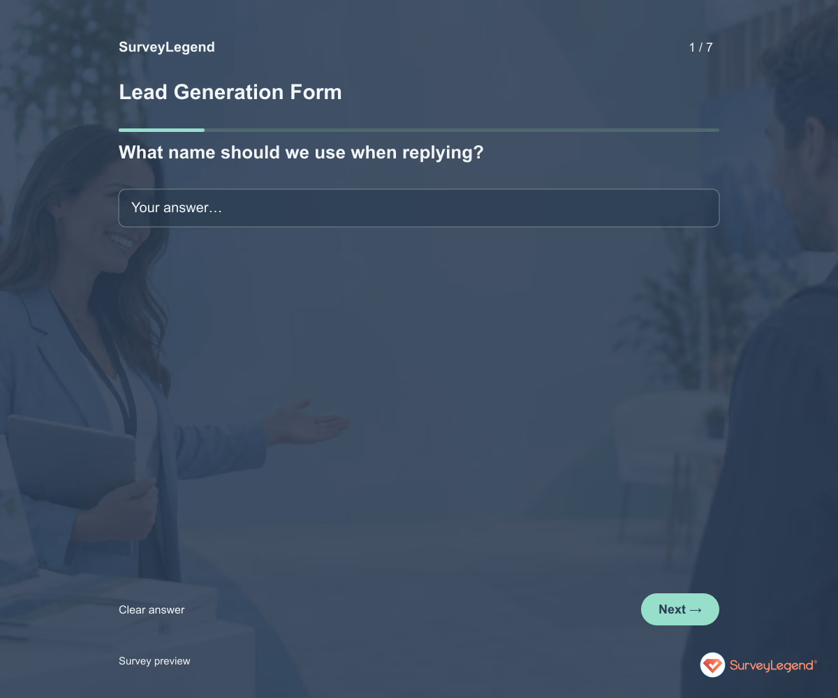 Preview of the Lead Generation Form demo showing its first question and answer choices