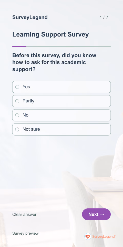 Learning Support Survey: first question and response field, mobile preview