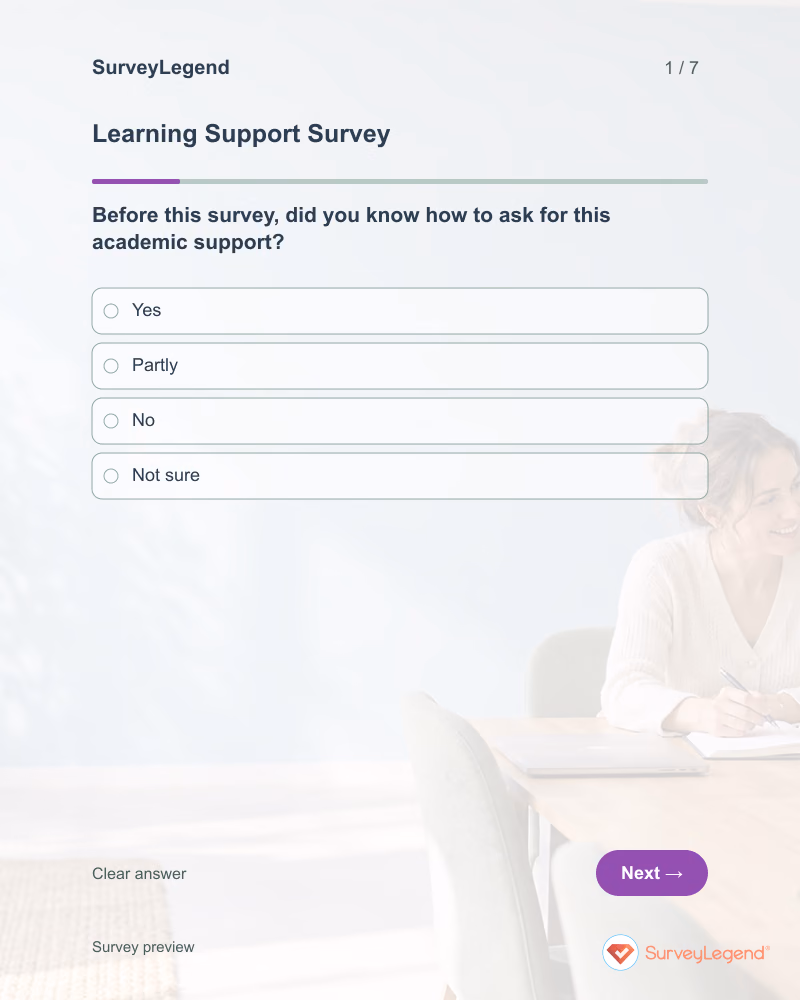 Learning Support Survey: first question and response field, tablet preview