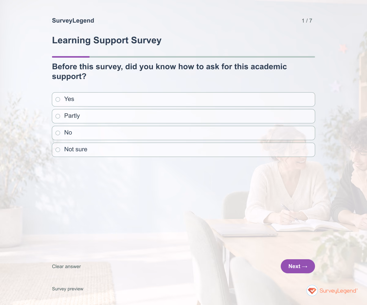 Preview of the Learning Support Survey demo showing its first question and answer choices