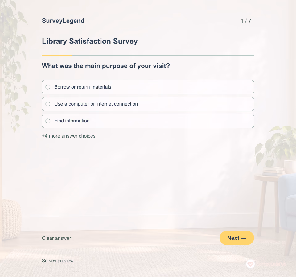 Preview of the Library Satisfaction Survey Template showing its first question and answer choices