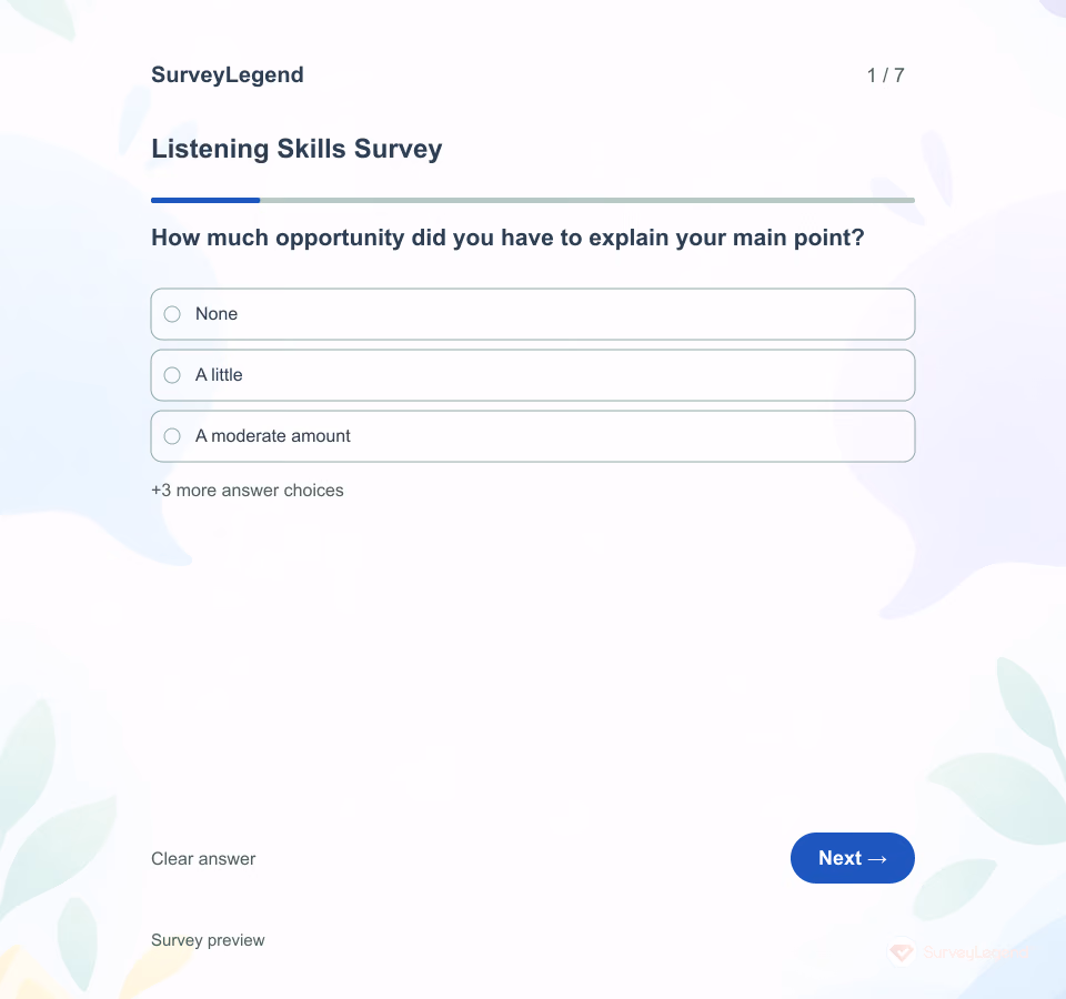 Preview of the Listening Skills Survey Template showing its first question and answer choices