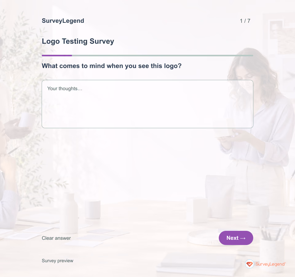Preview of the Logo Testing Survey Template demo showing its first question and answer choices