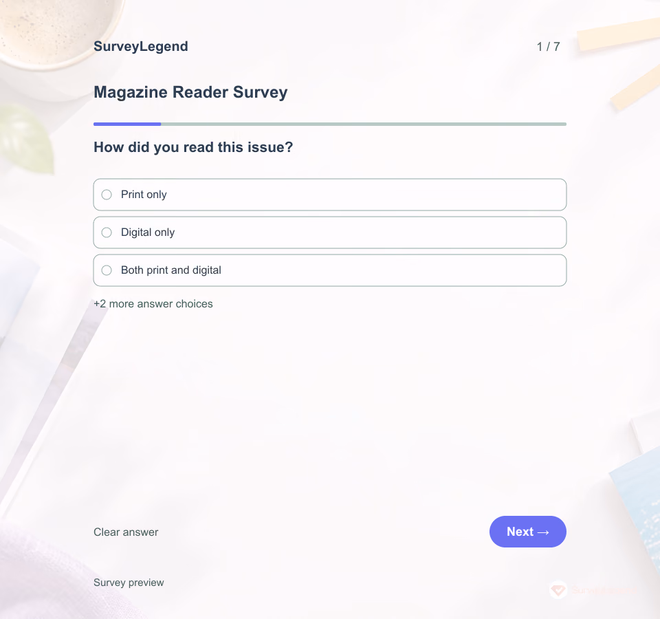 Preview of the Magazine Reader Survey Template showing its first question and answer choices