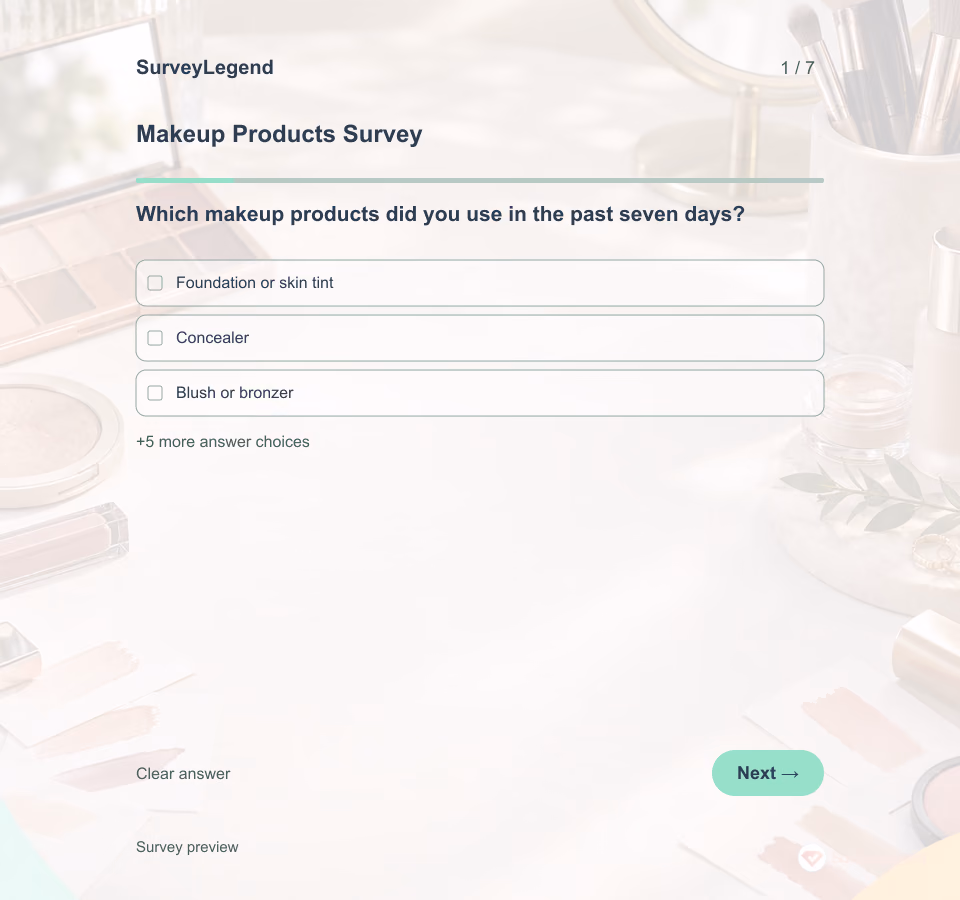 Preview of the Makeup Products Survey Template showing its first question and answer choices