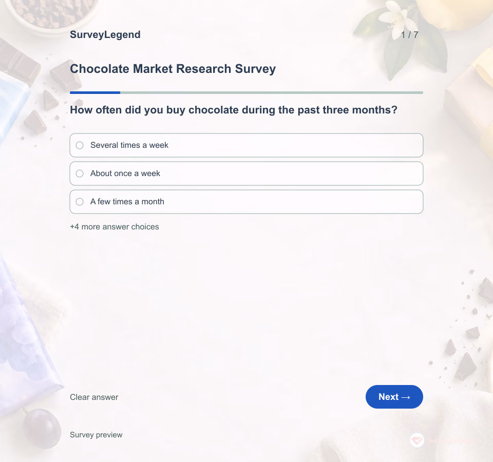 Preview of the Chocolate Market Research Survey Template showing its first question and answer choices