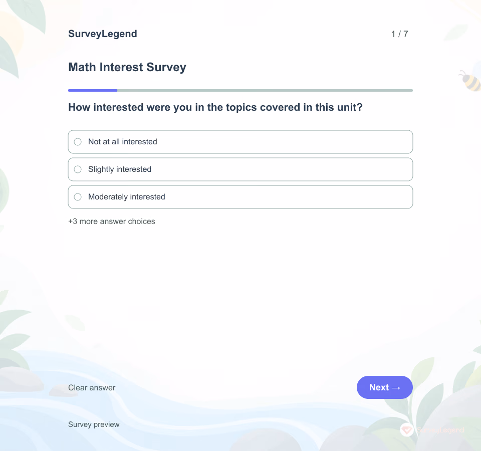 Preview of the Math Interest Survey Template showing its first question and answer choices