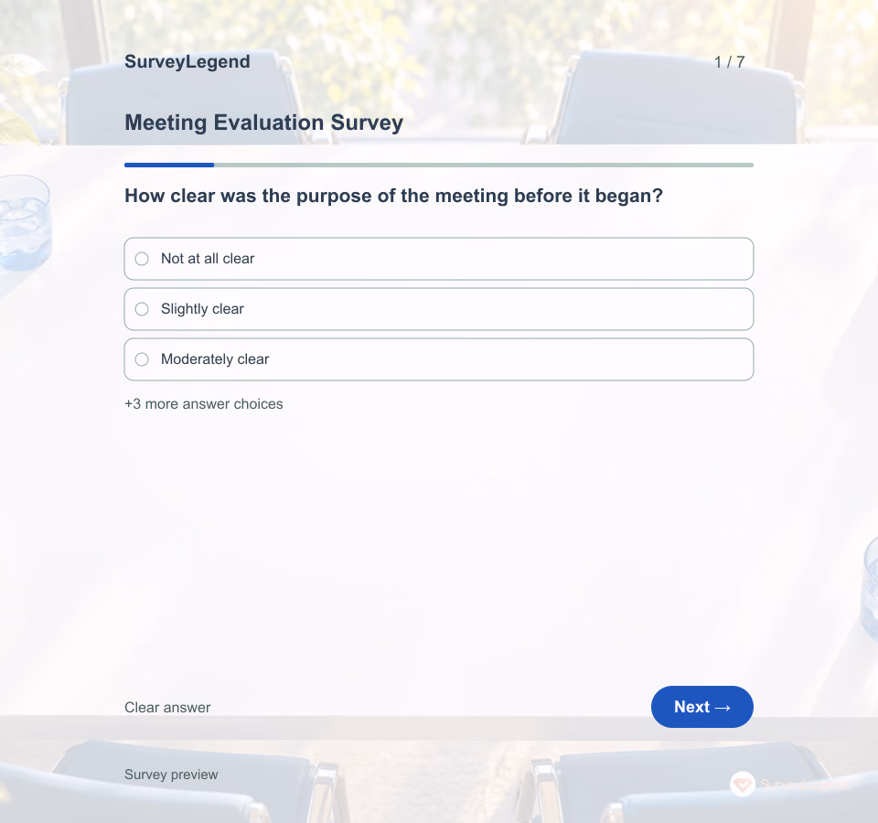 Preview of the Meeting Evaluation Survey Template showing its first question and answer choices