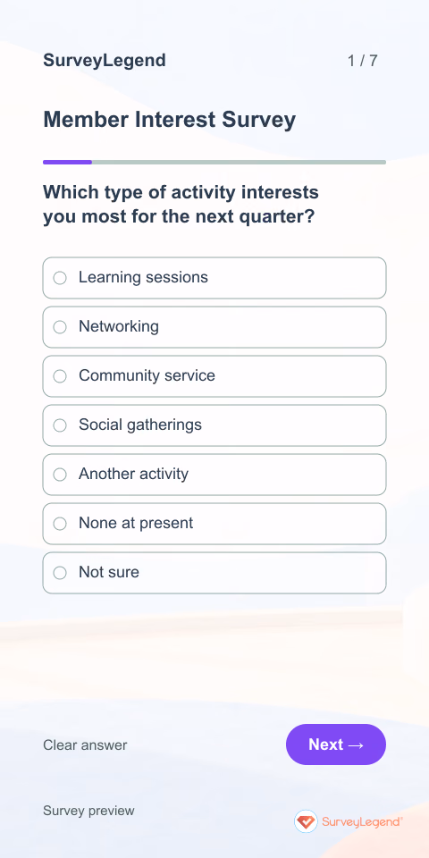 Member Interest Survey: first question and response field, mobile preview