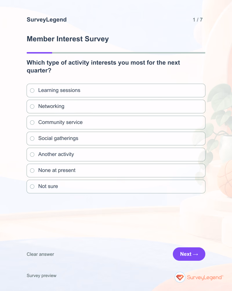 Member Interest Survey: first question and response field, tablet preview