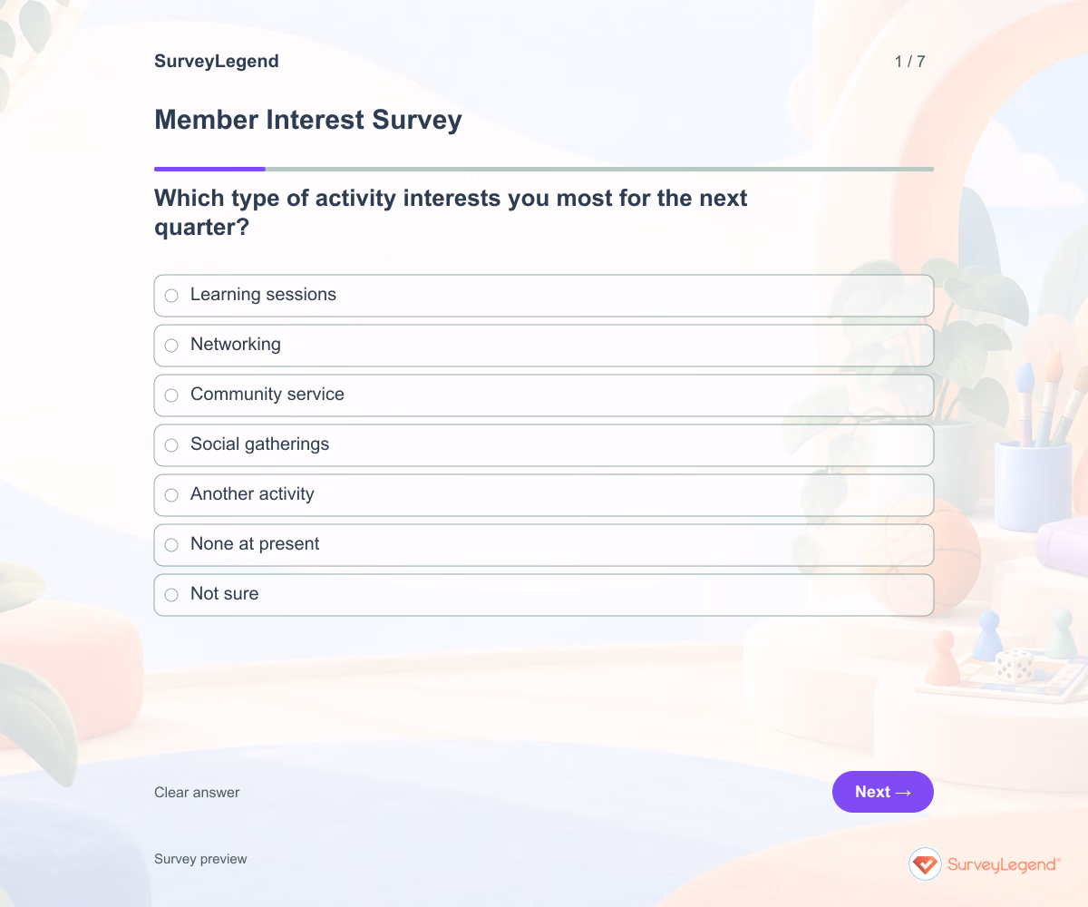 Preview of the Member Interest Survey demo showing its first question and answer choices