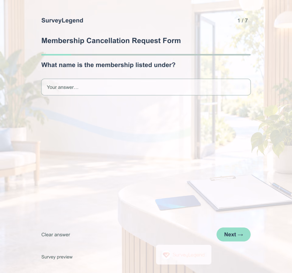 Preview of the Membership Cancellation Request Form Template showing its first question and answer choices
