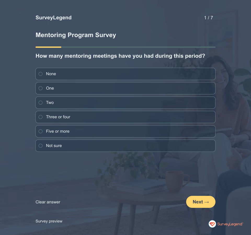 Preview of the Mentoring Program Survey Template demo showing its first question and answer choices