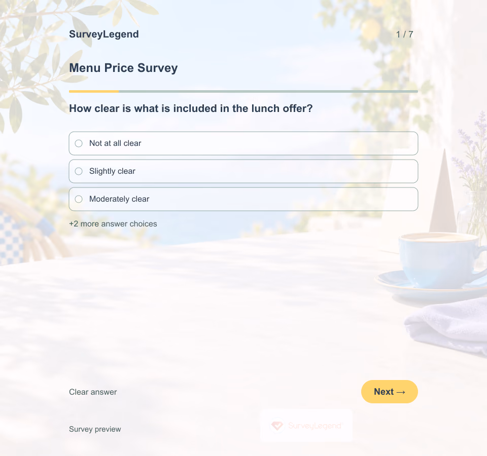 Preview of the Menu Price Survey Template showing its first question and answer choices