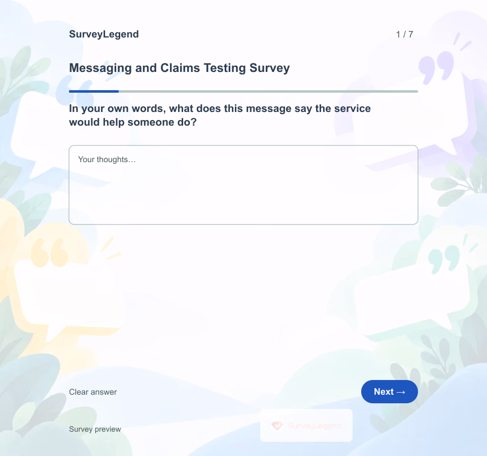 Preview of the Messaging and Claims Testing Survey Template showing its first question and answer choices