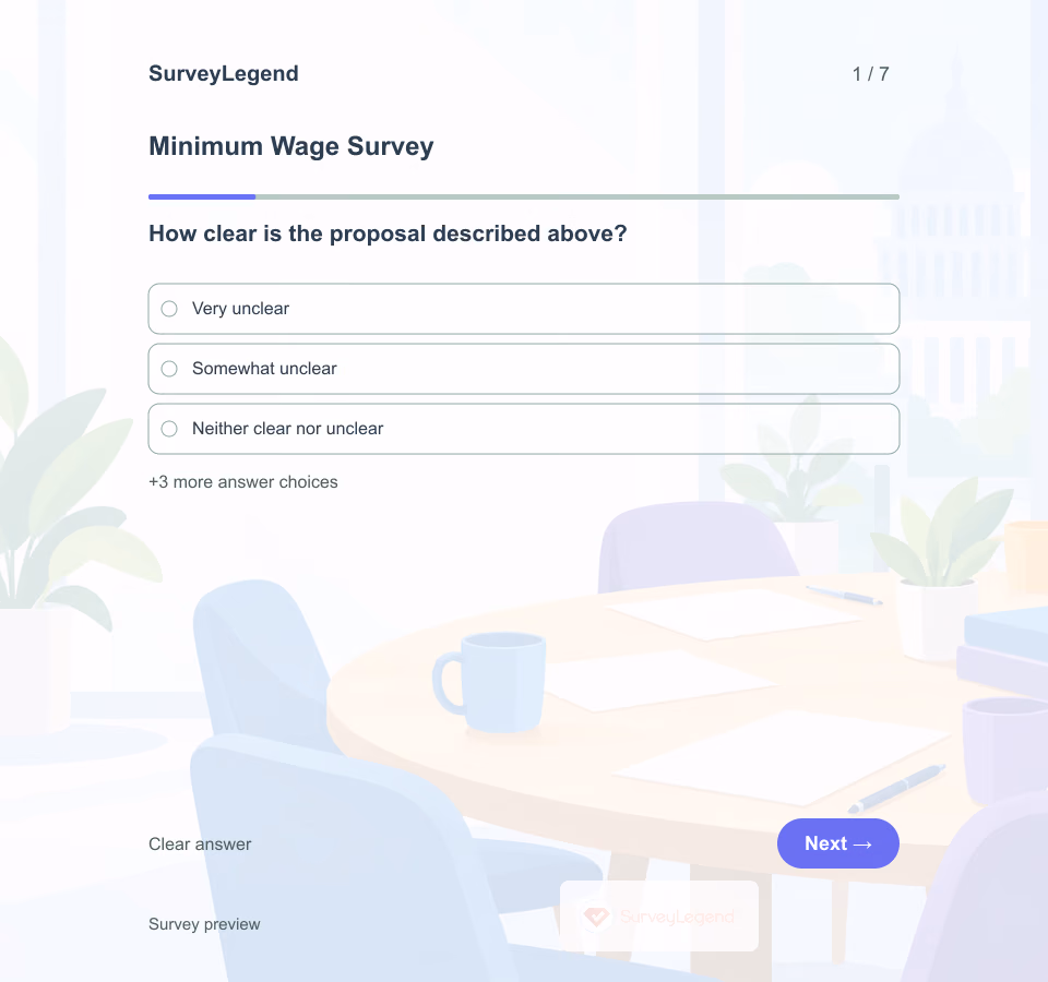 Preview of the Minimum Wage Survey Template showing its first question and answer choices