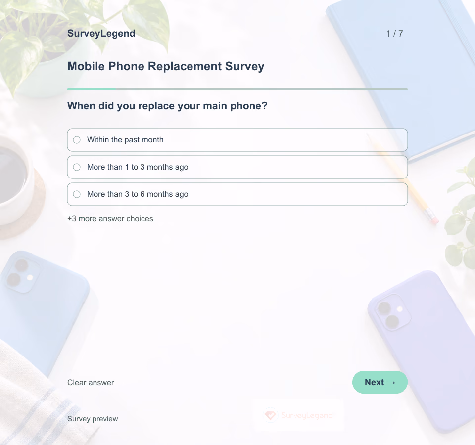 Preview of the Mobile Phone Replacement Survey Template showing its first question and answer choices