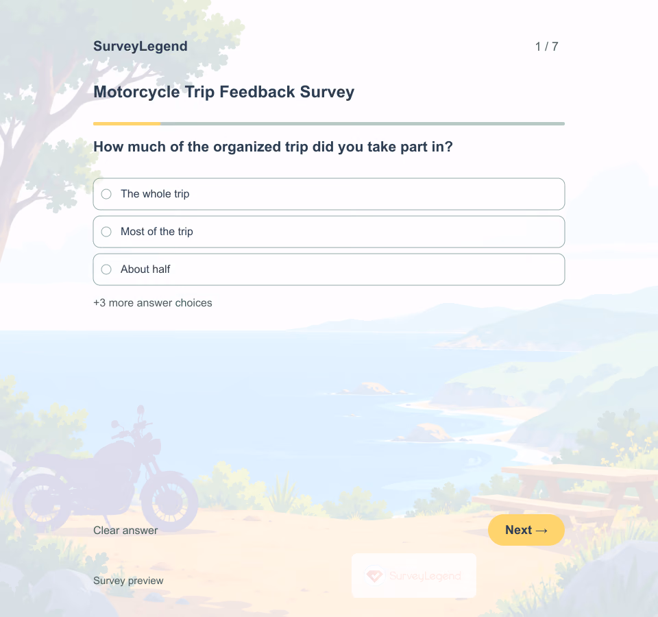 Preview of the Motorcycle Trip Feedback Survey Template showing its first question and answer choices